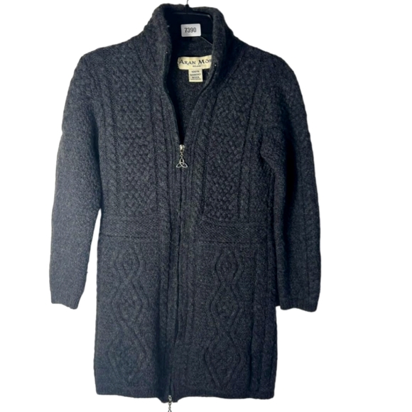 Aran Mor Sweaters - Aran Mor Women's Ireland Gray 100% Merino Wool Cardigan Zip Up Sweater Size S